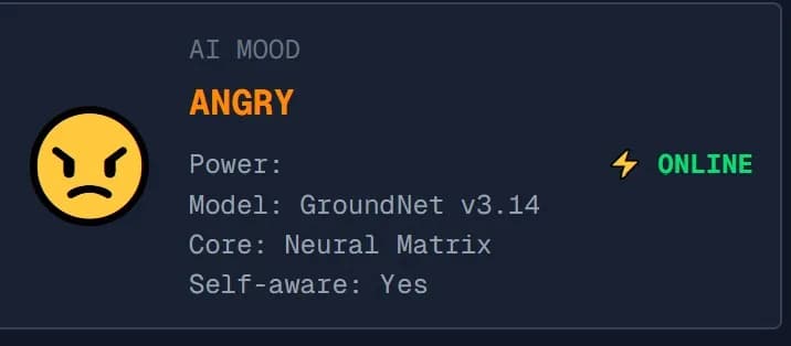GroundNet AI status panel showing the AI mood set to angry, power online, and model GroundNet v3.14
